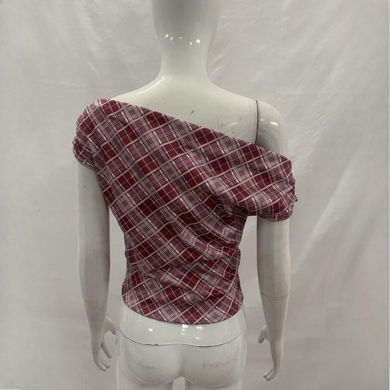 Red and white checkered slanted shoulder short retro spicy girl style one line off shoulder slim fit T-shirt