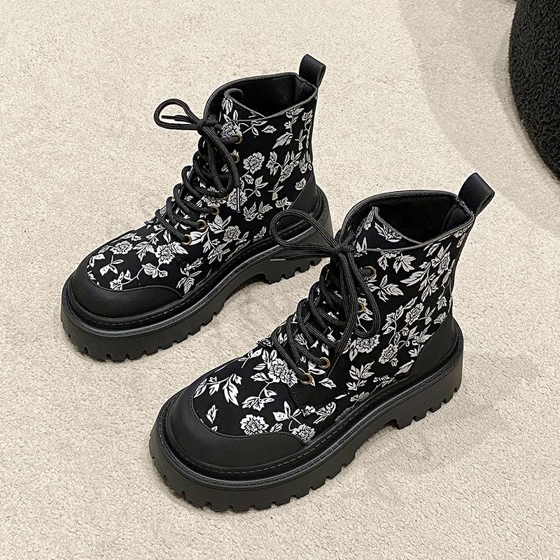 Large Size Martin Boots Women'S Velvet Warm British Style Thick Heel Short Boots Women'S Front Lace-Up Fashion Boots Women