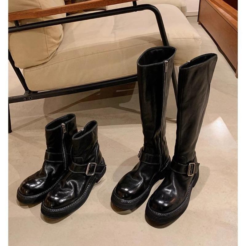 Washed cowhide real locomotive knight boots thick-soled belt buckle short boots women's locomotive boots retro Martin boots