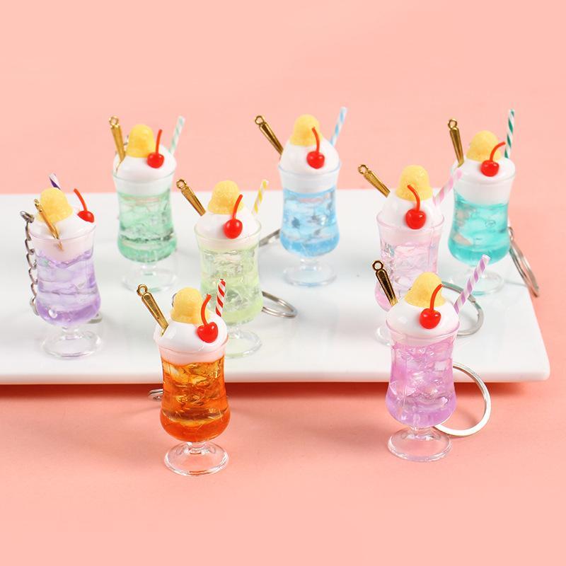 Mini Simulation Drink Cup Keychain Fake Juice Ice Cream Model Hanging Ornament Bag Pendant Decoration Car Keys Holder
