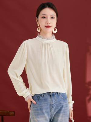 Pullover da donna in velluto di seta plissettato con pizzo e colletto alto - Stile francese autunnale