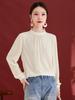 Women's Silk Velvet Pleated Lace Pullover with Stand Collar - Autumn French Style