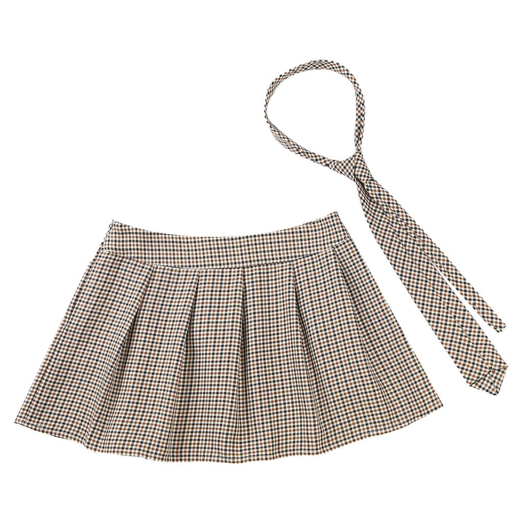 Women Plaid Pleated Mini Skirt with Attached Necktie School Uniform Style Zipper Closure Fancy Dress Costume