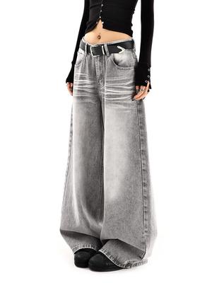 Women's 2025 American Retro Distressed Gray Wide Leg Low Waist Jeans – Loose, Slimming, Straight, Floor-Length