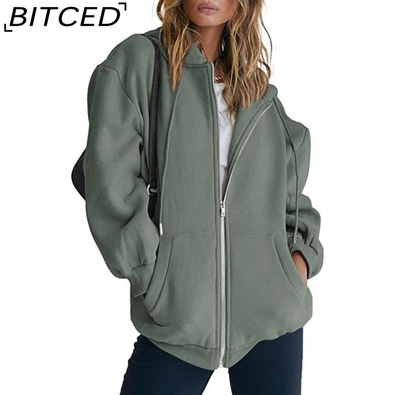 BITCED Unisex Fleece-Lined Hooded Sweatshirt Casual Cardigan with Zip-Up Front