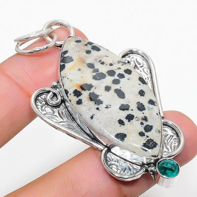 Natural Dalmation Jasper, Diopside 925 Sterling Silver Pendant 2.56" v4A81