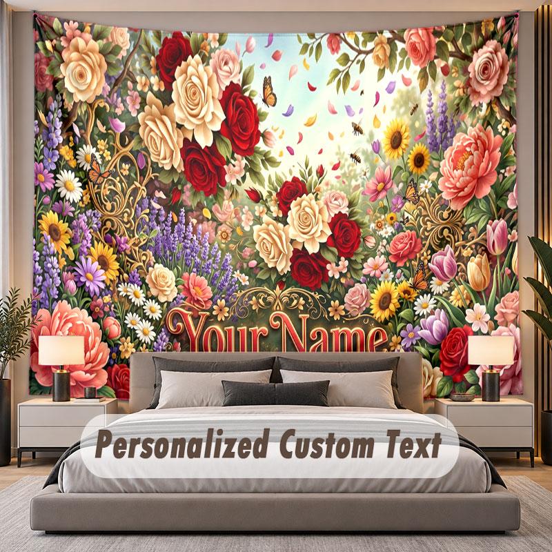 Floral Garden (135) Theme Personalized Tapestry Custom Name Text Wall Hanging Tapestry Home Background Decoration