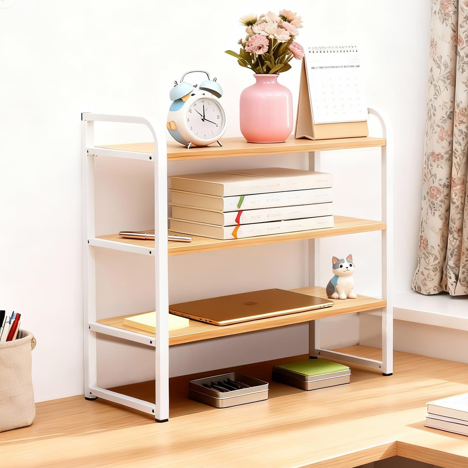 

ohbien Wooden Desktop 3 Height Desk Storage 50cm x 20cm x 56cm Stylish Mini Organizing White Wood Tone Rack, Tiers, Adjustable, Rack, (W) (D) (H),