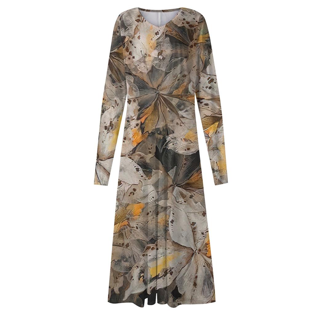Women's  And Winter Casual Fashion V-neck Long Sleeve  Print Long Dress