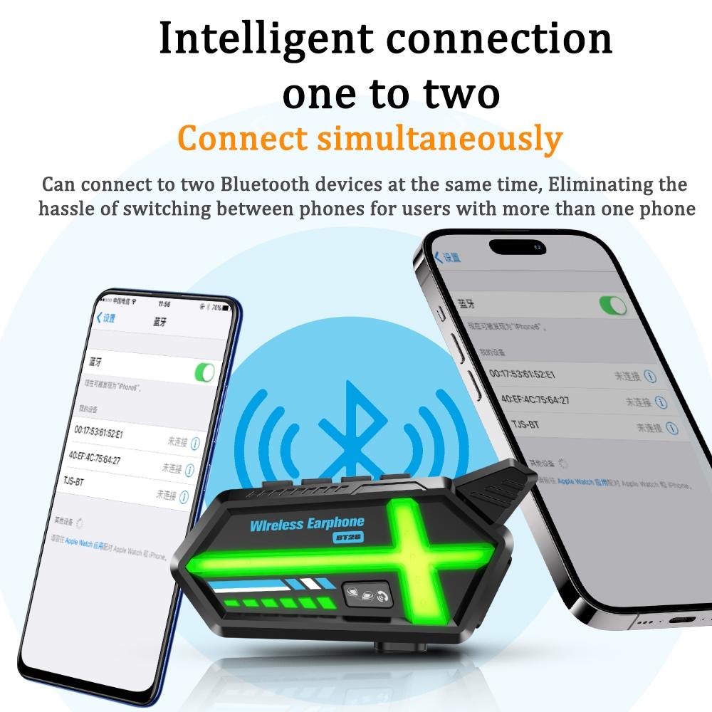 BT26 LED Motorrad-Headset mit intelligentem Beleuchtungssystem, ANC-Technologie, 25H Akku, 2-in-1 Mikrofon für alle Helme, 500M Gegensprechanlage