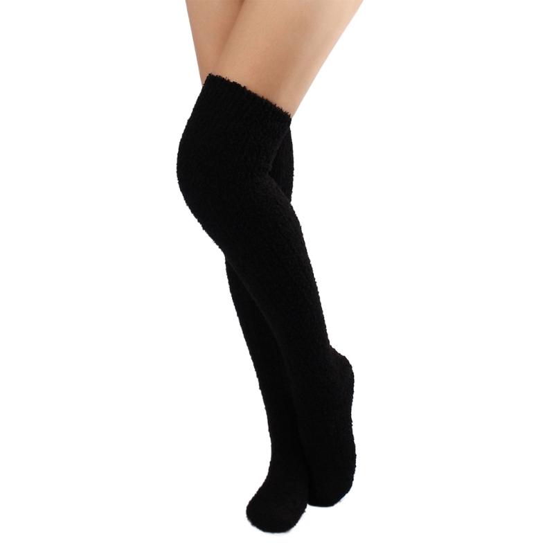 Womens Winter Leg Warmer Coral Fleece Thigh High Boot Socks Solid Color Ribbed Furry Warm Over the Knee Long Stockings