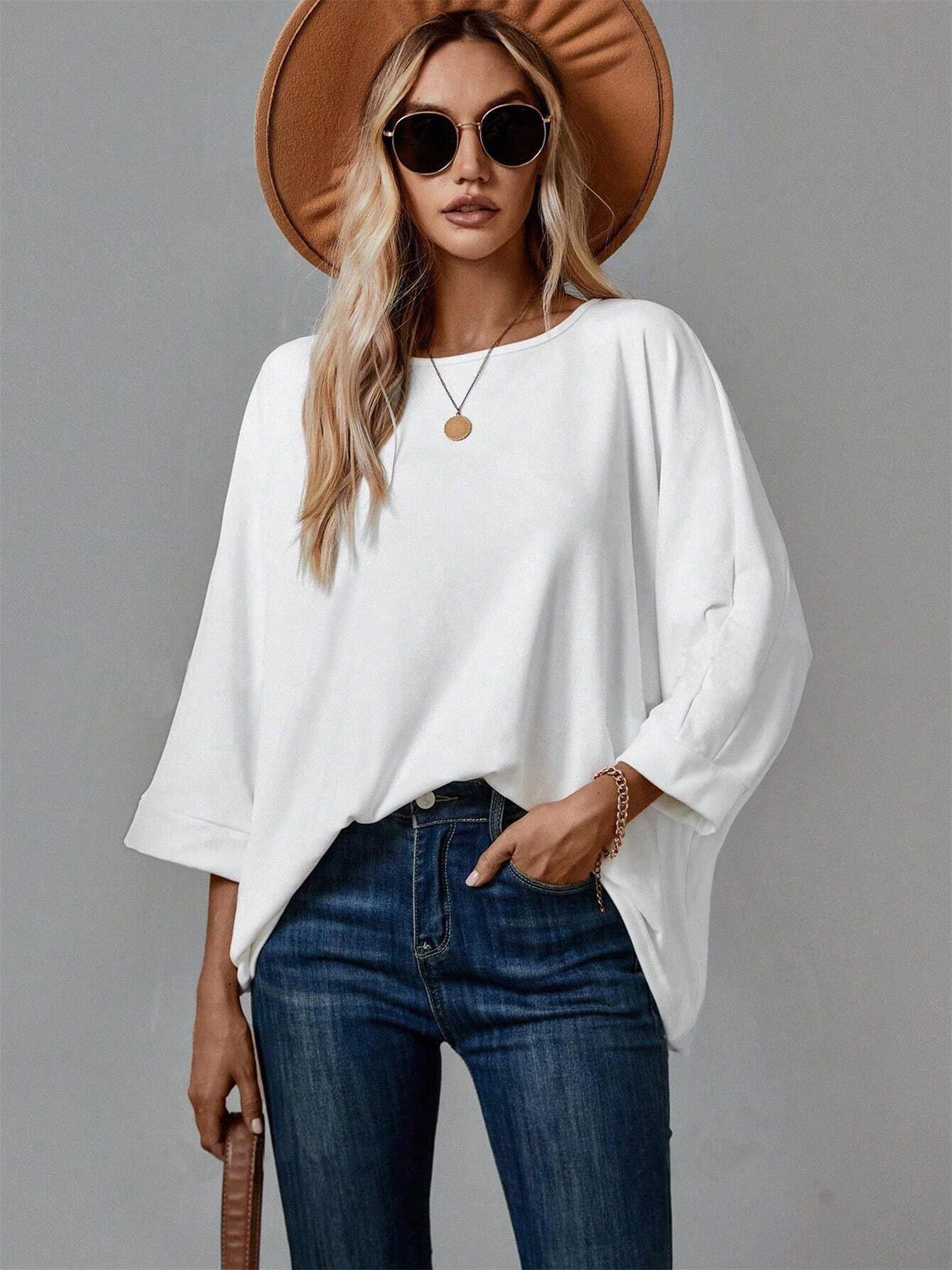 

2026 European & American Women s Spring/Summer Casual Three-Quarter Sleeve Pullover T-shirt Medium белый