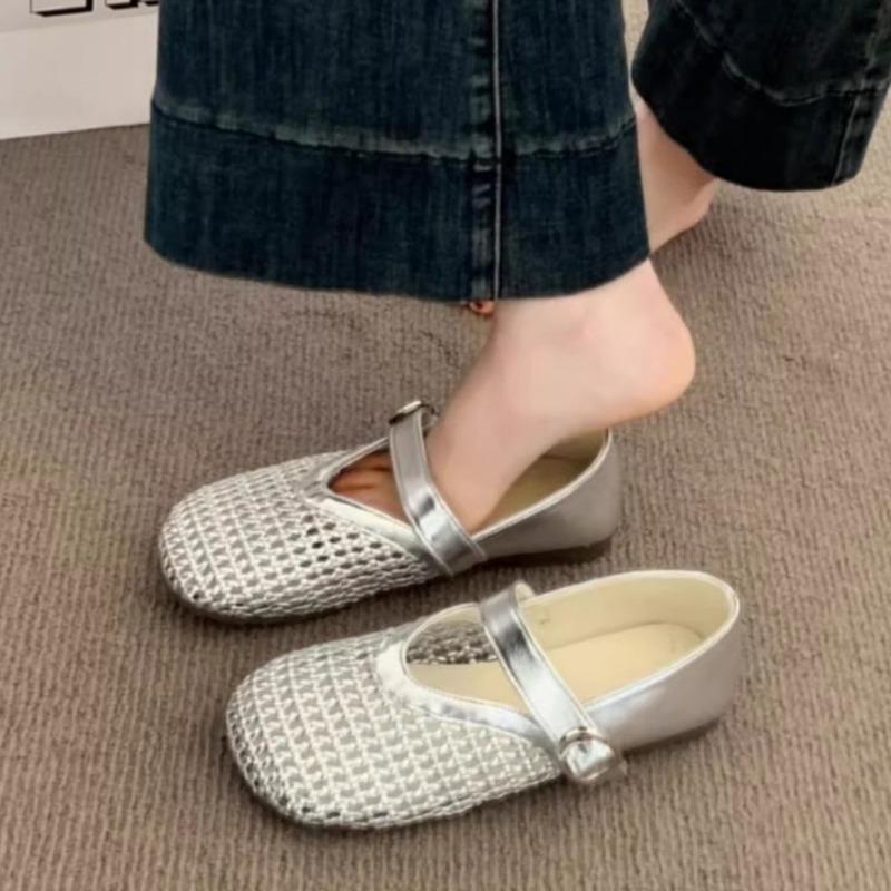 

Mary Jane single shoes women s summer new flat bottom soft sole word with mesh hollow woven fishing net shoes sandals 35