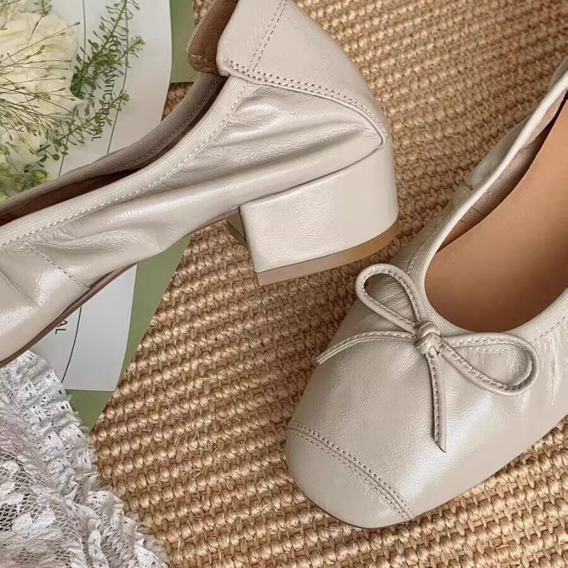 Spring and summer new thick heel square round head bow soft leather folds shallow mouth soft low ballet single shoes women