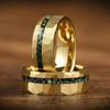 Vintage Men Stainless Steel Ring Fashion Gold Color Hammered Stripe Finish with Green Moss Inlay Rings For Men Wedding Band