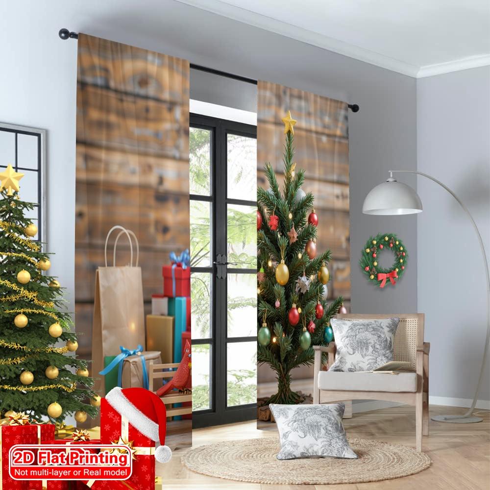 2pcs 2D Flat Printing Christmas Scene Curtain Christmas Tree Ornaments Gifts_c Fabric Without Electricity Festive Wall Decor