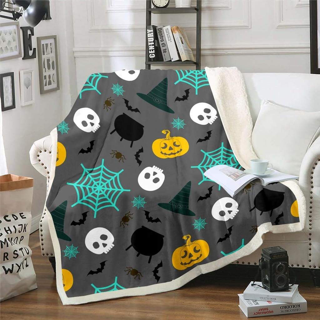 Halloween Ghost Blanket Soft Fleece Throw Pumpkin Spider Web Design Home Decor Party Gift Kids Room