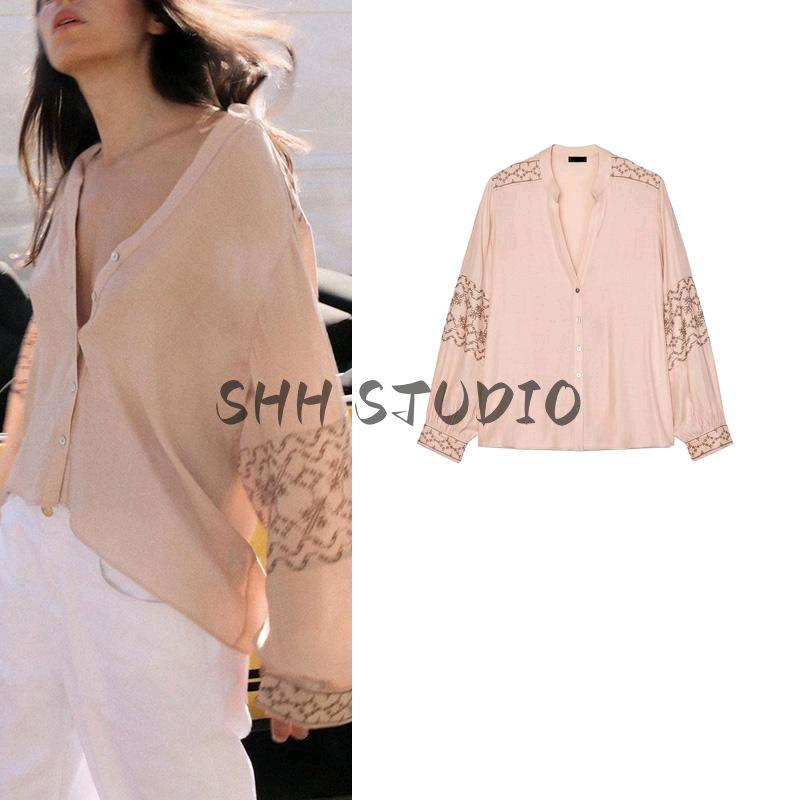 Spring New Women's Clothing French Style Patchwork Embroider Fashion Minimalist Temperament Crew Neck Long Sleeves Shirt 3564053