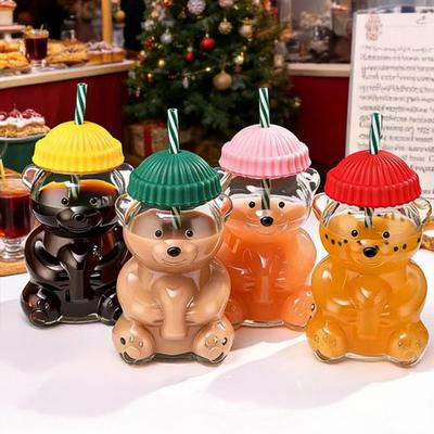 Bicchiere con Cannuccia a Forma di Orso 500ml Vetro Resistente al Calore Riutilizzabile Bicchiere Freddo per Caffè Freddo Tè al Latte Succo