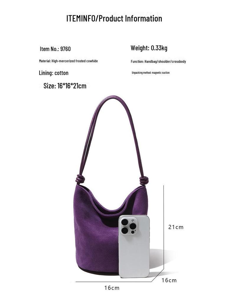 High-Mercerized Matte Cowhide Drawstring Bucket Bag - Retro Commuter Style Genuine Leather Women's Handbag with Large Capacity