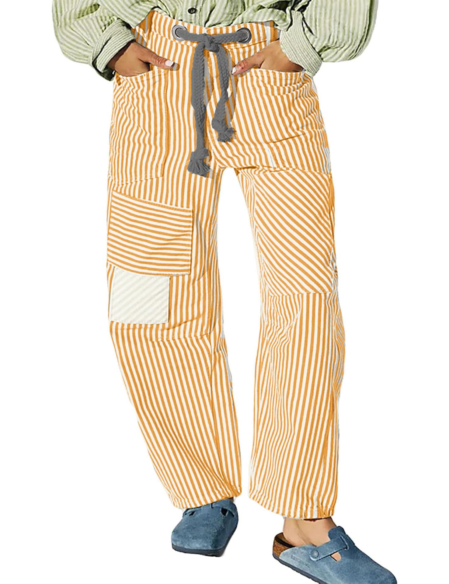 

Casual Loose Fit Striped Patchwork Pants with Drawstring Waist, Green and White Vertical Stripe Design L жовтий