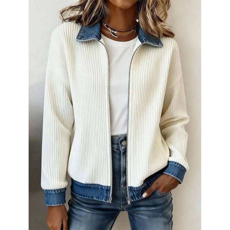 Women Multi-color Striped Chenille Zip Up Jacket Contrast Denim Collar Long Sleeve Casual Loose Sweater Cardigan