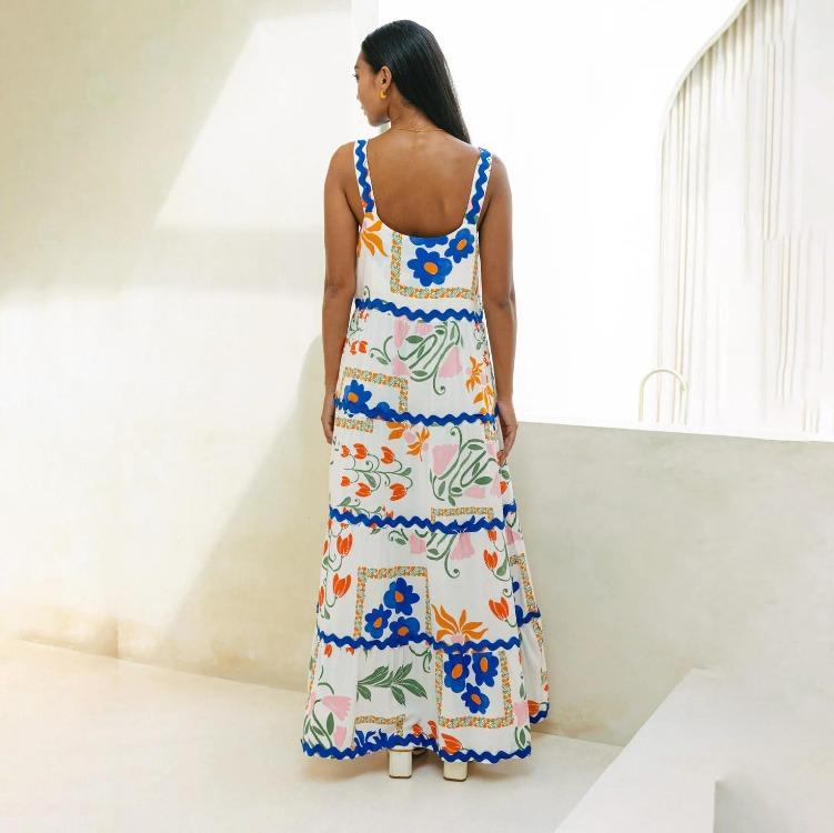 Sommer Dame Ermeløs Svingkjole Casual A-linje Stroppeløs Lang Camisole Seleskjørt Bølge Høy midje Kjoler Vår S-XL