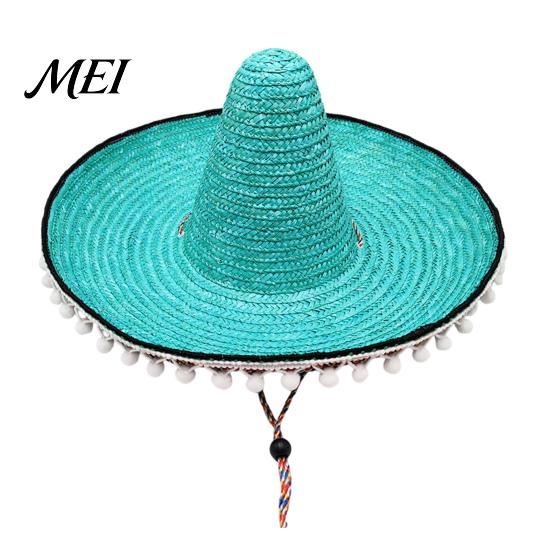 Volwassen Vakantiehoed Mexicaanse Sombrero met Kleurrijke Pompons, Hawaïaanse Stijl Geweven Strooien Zonnehoed, Met Brede Rand Lichtgewicht Themafeest Kostuum voor Zomerstrand