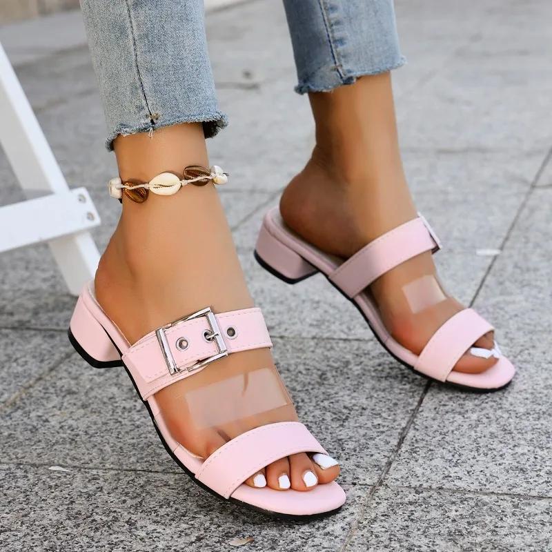 Sommer Neu Rundkopf Metallniete Schnalle Weiche Sohle Rutschfest Abriebfest Pantoffeln Damen Mode Mittelabsatz Sandalen