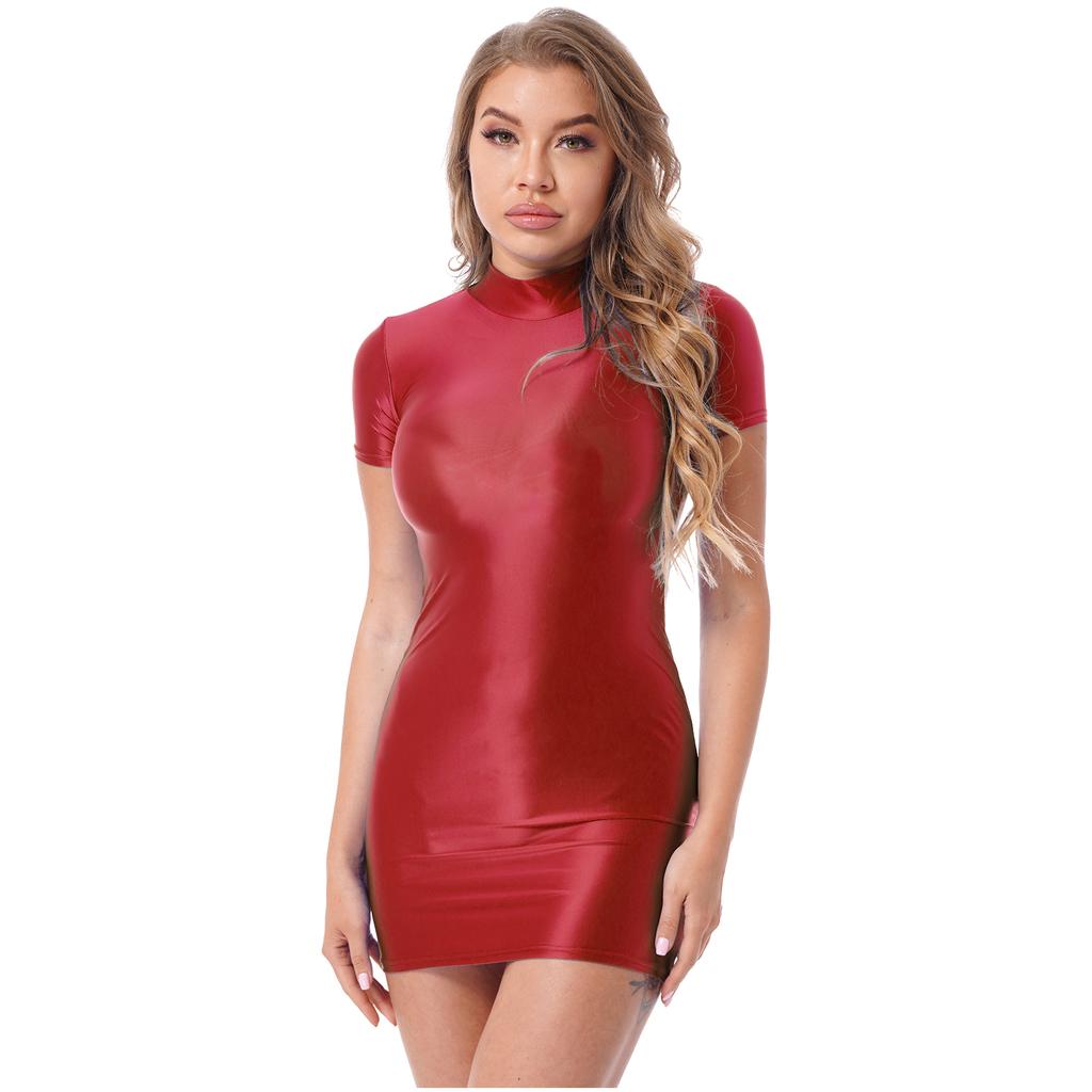 Womens Glossy Mock Neck Bodycon Dress Short Sleeve Stretchy Fabric Nightclub Party Mini Dress