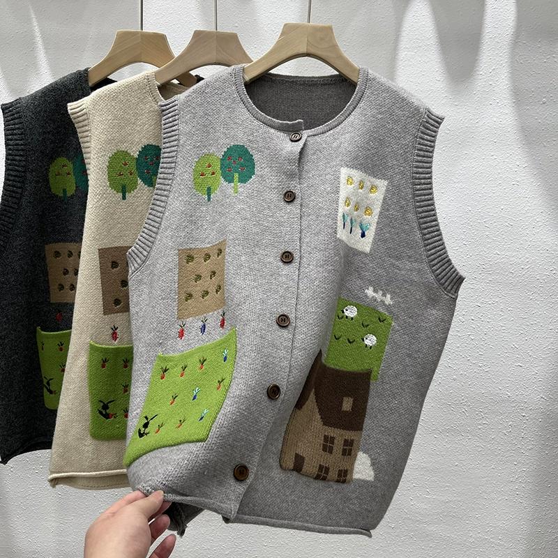 

DIMANAF 2025 Autumn Women Sleeveless Vest Sweaters Pattern Printing Knitting Buttons Oversize Casual Style Loose Sweater One Size