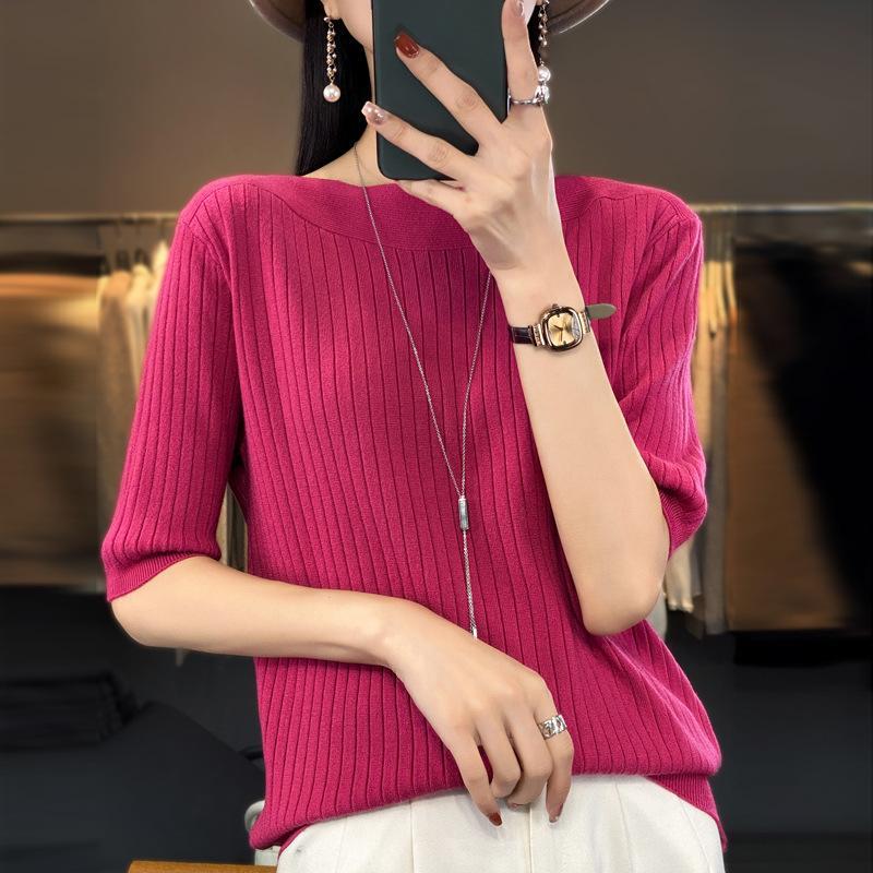 Вязаный свитер с рукавом пять четвертей для женщин, однотонный свободный свитер, повседневная базовая рубашка во французском стиле, свитер со средним рукавом на осень L розы красного