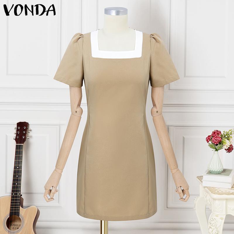 VONDA Women Square Collar Short Sleeve Stitching Pocket Casual Thigh Length Dress