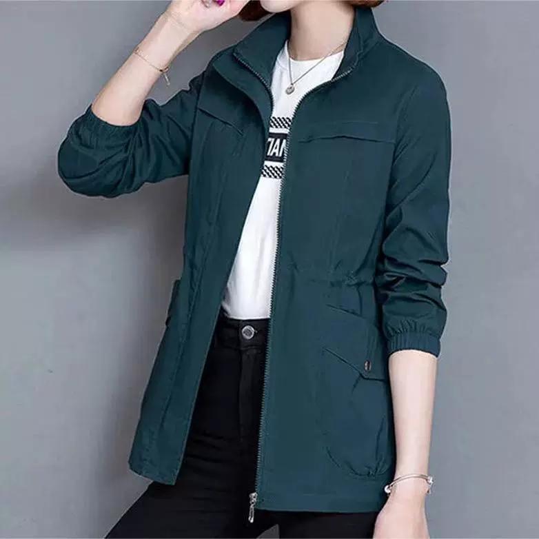 Women's Spring and Autumn Thin Section of Solid Colour Lapel Thin Small Person Windbreaker Casual Zip Paragraph Jacket