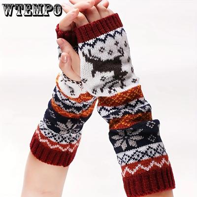 1 Pair Christmas Knitted Half-finger Long Gloves Winter Warm Jacquard Weave Arm Cover Cold -proof Windproof Sleeves