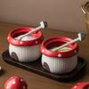 Ceramic Red Mushroom Seasoning Jar Set Kitchen Ceramic Salt Sugar Jar Soy Sauce Vinegar Bottle Home Ceramic Spice Box with Spoon