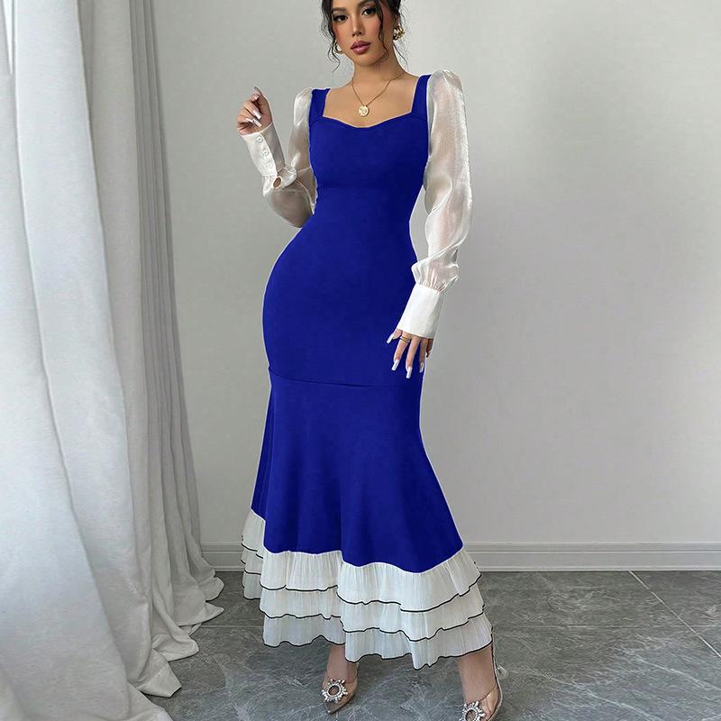 Spring Autumn elegant party Evening Dresses women fashion Contrast Mesh splicing ruffles Women's maxi Dress Casual bodycon dress