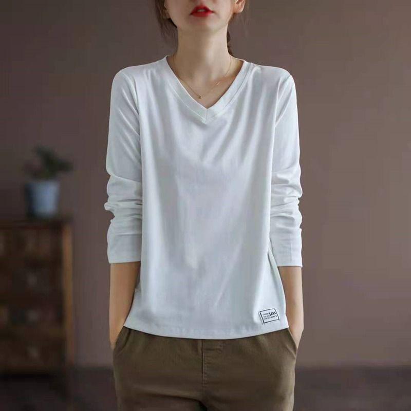 Autumn New Solid Loose Casual Long Sleeve T-shirts Vintage Tops Women V Neck Aesthetic Chic Pullovers All Match Female Clothes