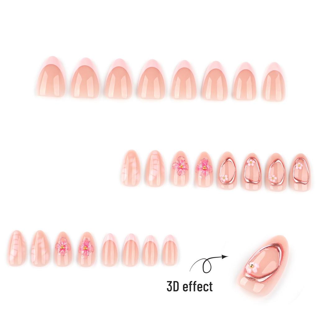 Punte Unghie Francesi Rosa a Forma di Mandorla con Disegni di Fiori 3D