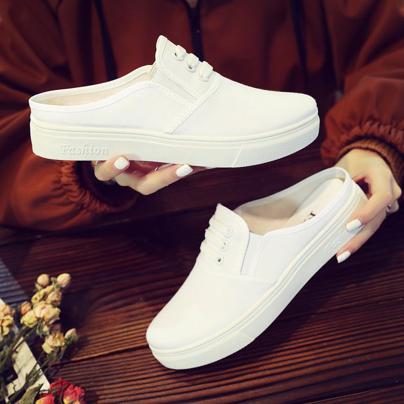 

Половинки тапочек летние парусиновые маленькие белые туфли женские студенческие плоские корейские туфли с одной педалью ленивые туфли женские беременные женщины без каблука 40