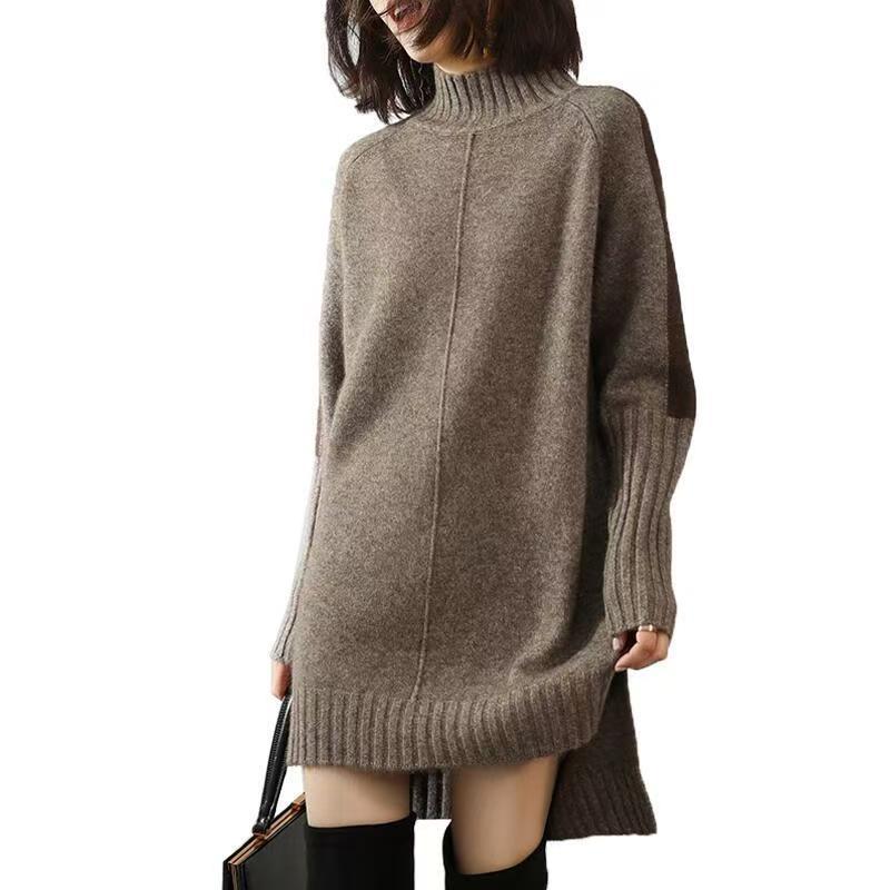 Women's Color Block Half-High Neck Sweater Dress - Long Sleeve Knitwear for Autumn/Winter