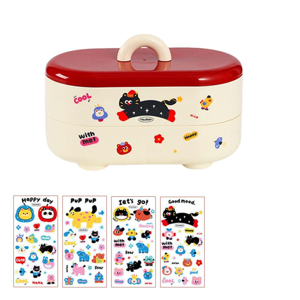 Fashion Dopamine Stationery Storage Box Large Capacity Cartoon Pattern Cosmetics Storage Box Multi Grid with Stickers Pen Holder