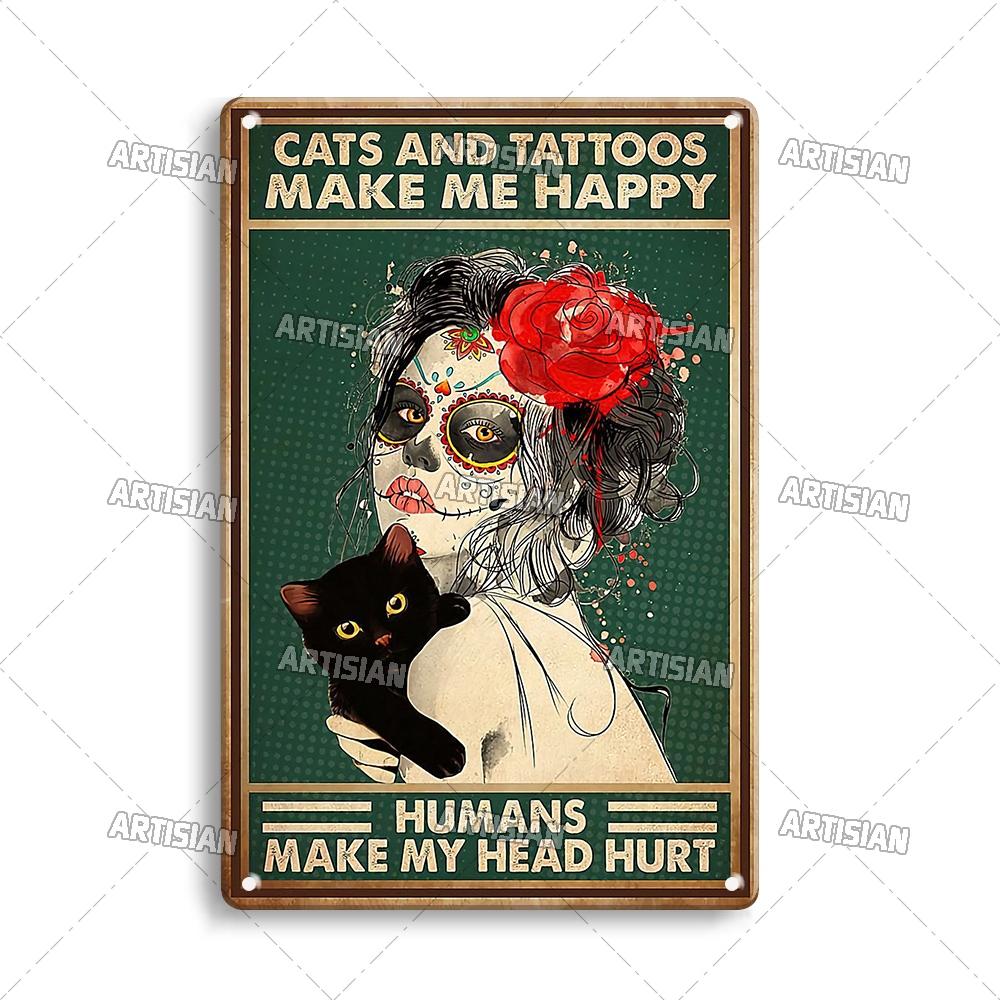 Artisian Halloween Metal Plaque Girl And Cat Tin Sign Black Cat Decorative Plate Wall Decor Garage Bar Pub Club Hotel Kitchen