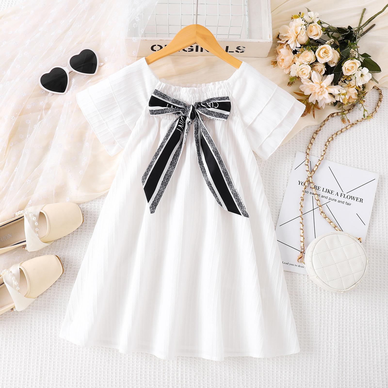 Girls Bowknot Print Dress - Summer Children s Fashion Princess Dress 4Y белый