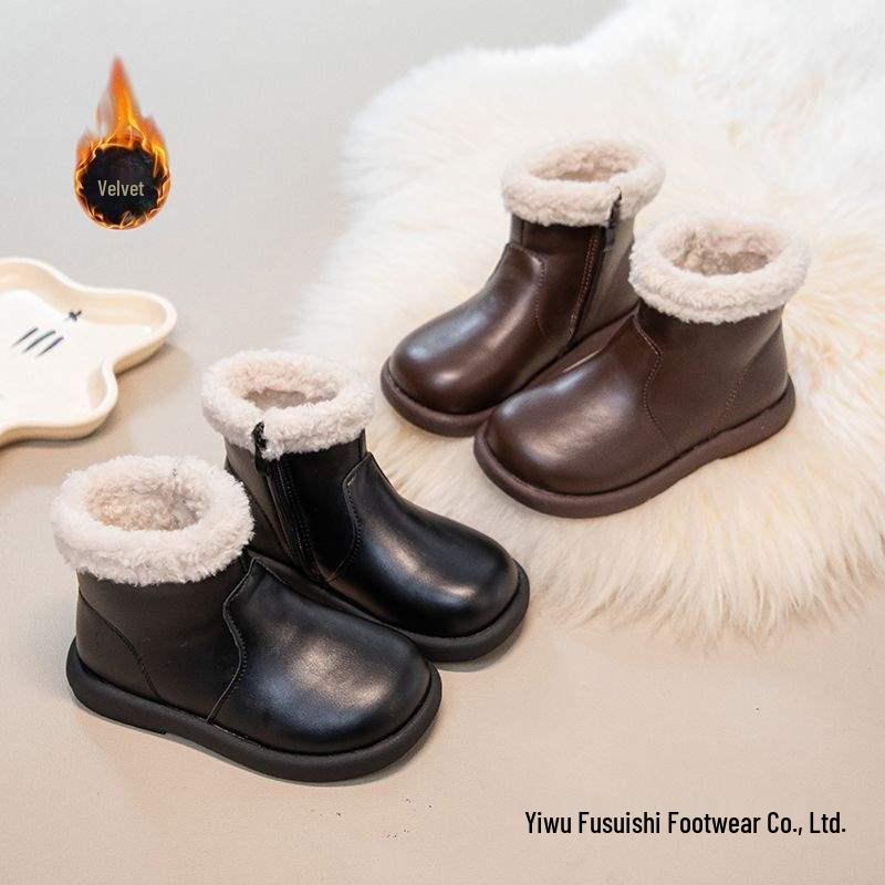 Girls' Non-slip Waterproof Leather Snow Boots with Soft Sole and Velvet Lining for All Seasons