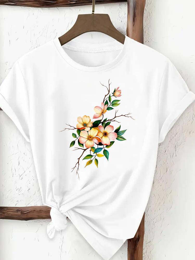 Sweet Flower 90s Print Trend Ladies Popular Casual Round Neck Women Fashion Graphic Short Sleeve T-shirts Fashion Clothing