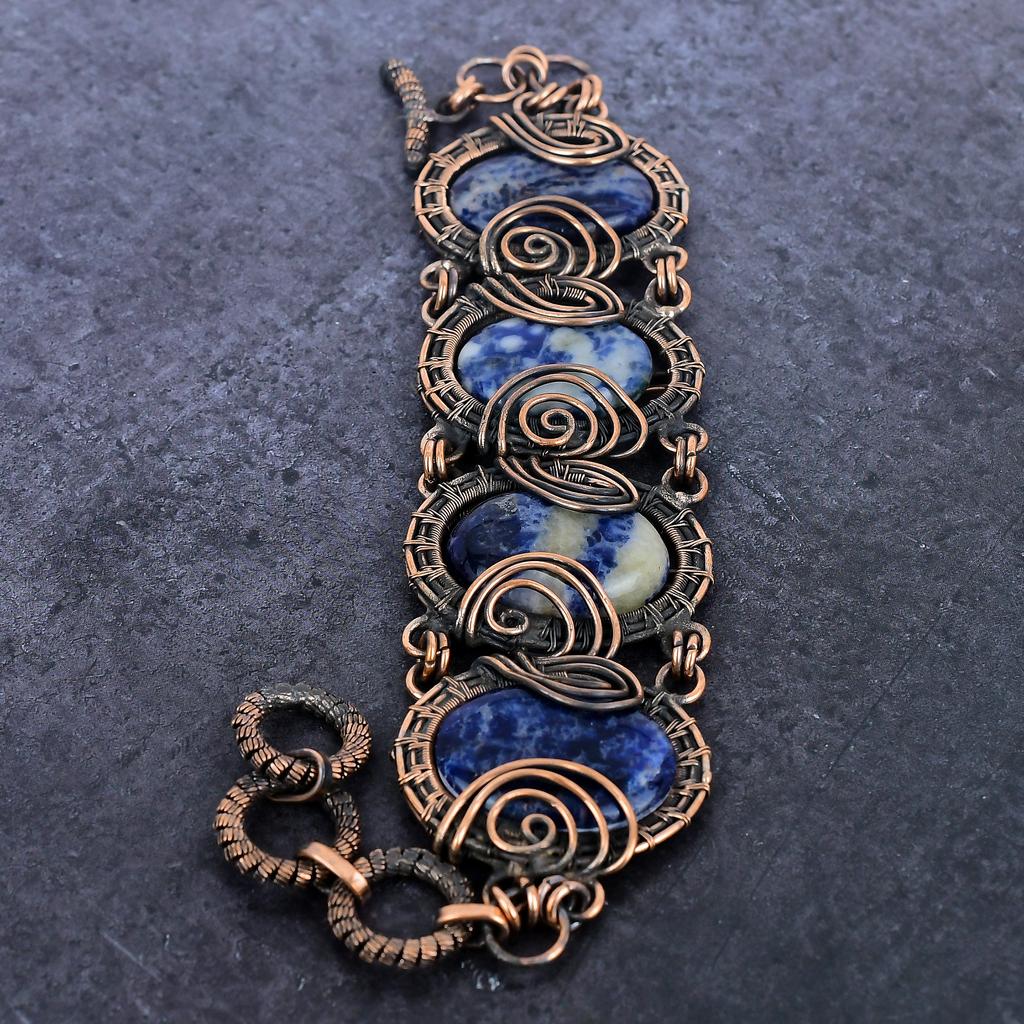 Sodalite Gemstone Handmade Copper Wire Wrap Bracelet 7-8" F4T89