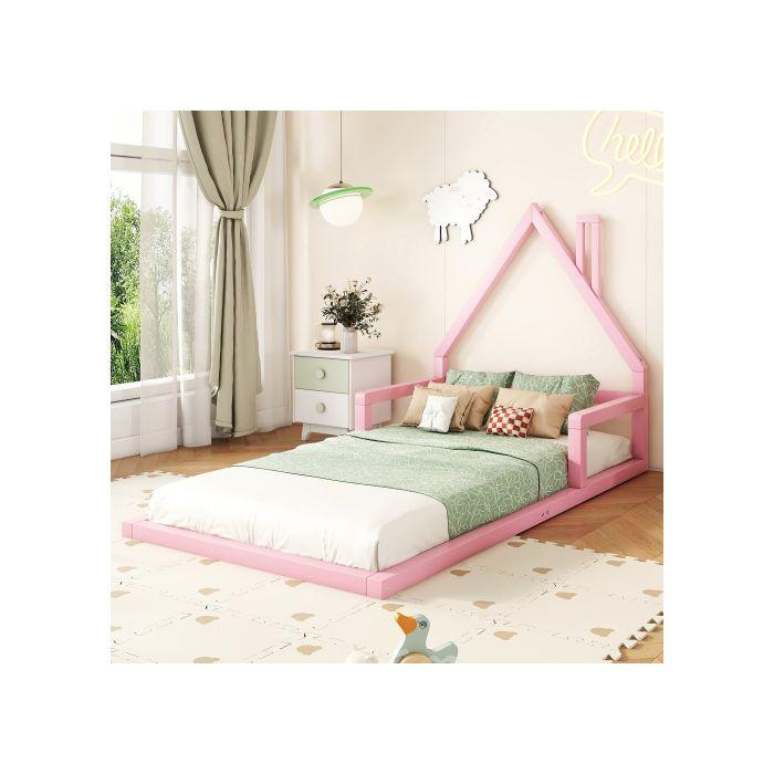 Lit D'enfant - MUVOE - 90x200cm - Pin Massif - Forme Maison - Rose