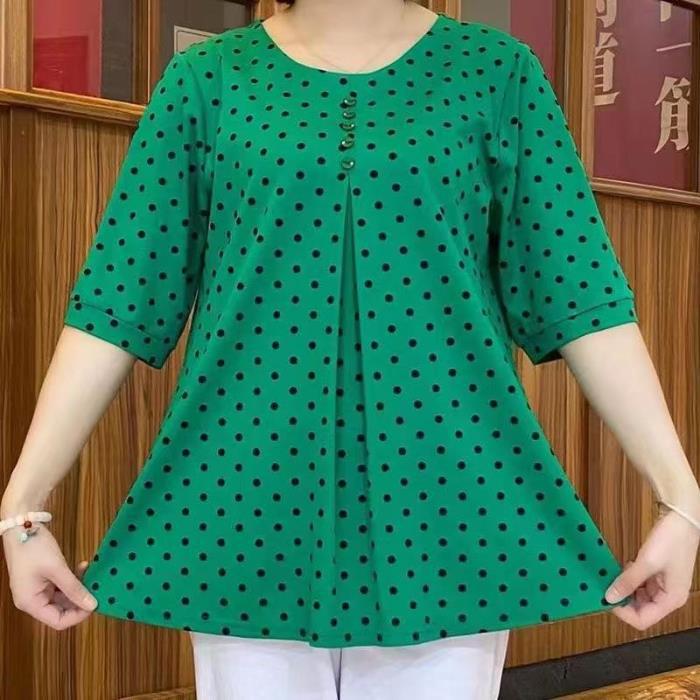 2023 Summer Trendy Mid-Sleeve Polka Dot Round Neck Korean Plus Size Top