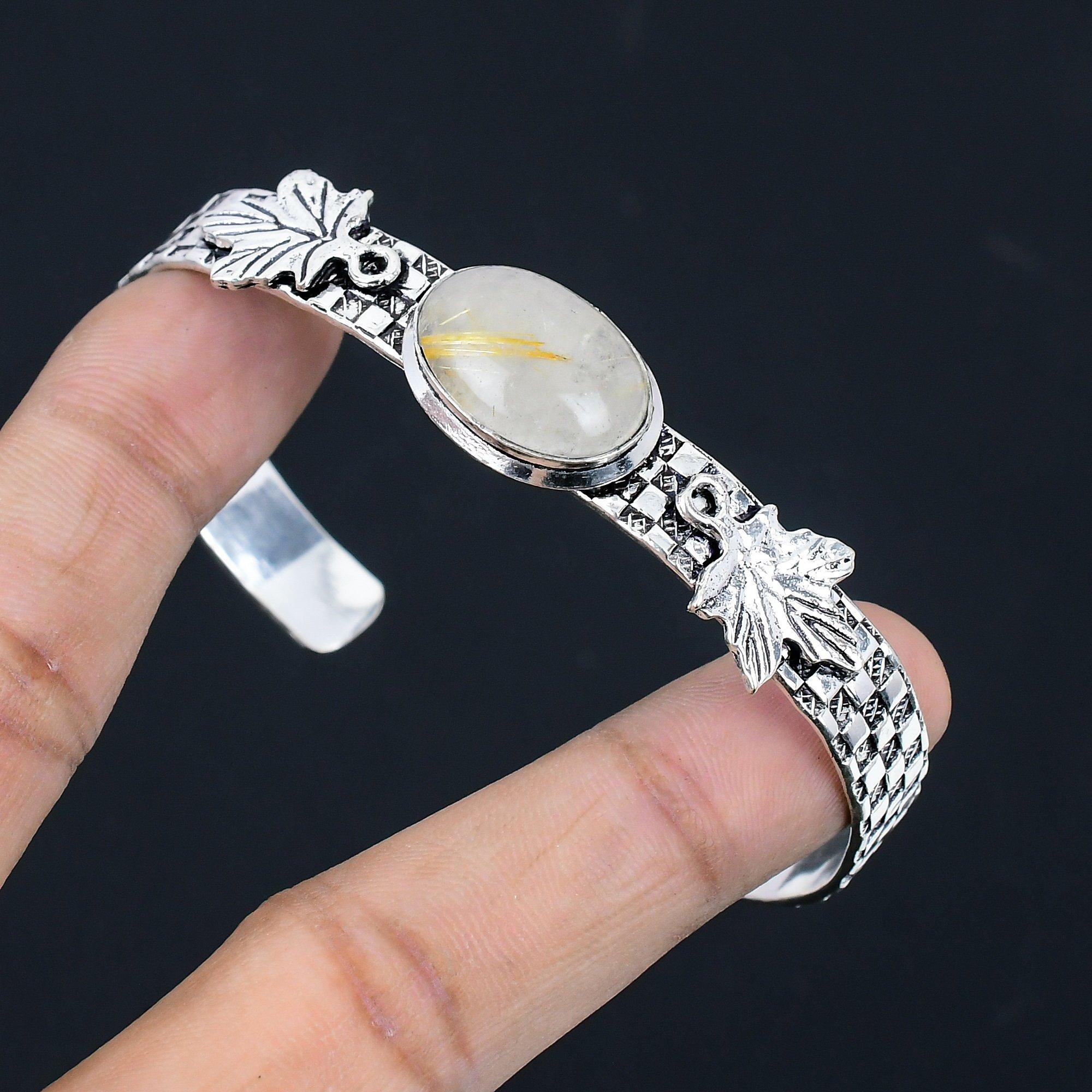 

Oval Natural Golden Rutile Daughter Wedding Boho Bangle Bracelet Sterling Silver Adjustable